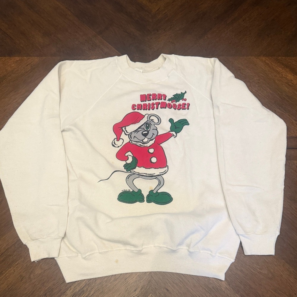 Vintage 80s Hanes Merry Christmouse Sweatshirt White Large 1989‎ Christmas Mouse
